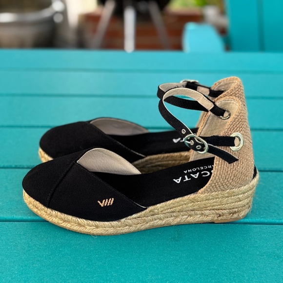 VISCATA Pubol Espadrilles Black Canvas Wedge Heel Sandals Ankle Strap US 7 EU 38 - Picture 9 of 12